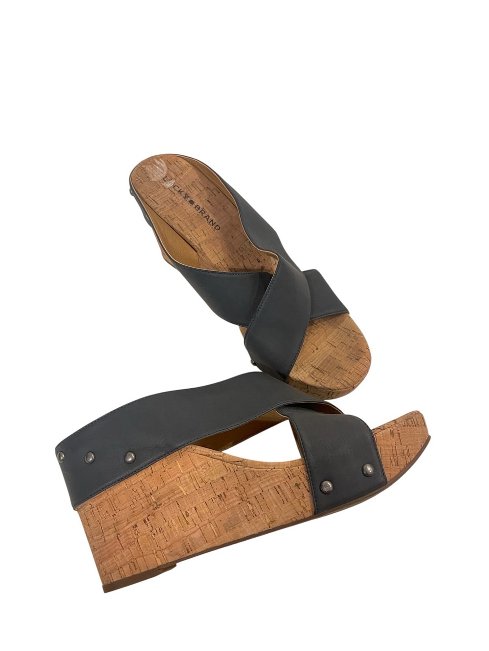 Women's Lucky Brand Mykayla Black Leather Cork Wedge Sandals Shoes - Picture 2 of 5